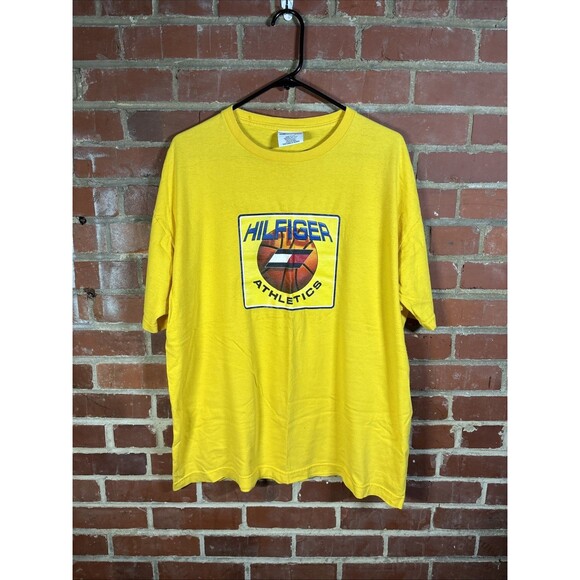 Vintage 90s Tommy Hilfiger Athletics Yellow Shirt USA Made Short Sleeve Adult XL - Picture 1 of 7